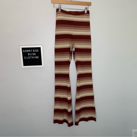 Brown Striped Wide Leg Ribbed Knit Pants Women’s Size Medium Cozy Stretch - Picture 1 of 9